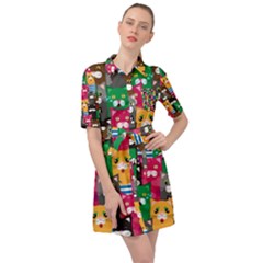 Cat Funny Colorful Pattern Belted Shirt Dress by uniart180623