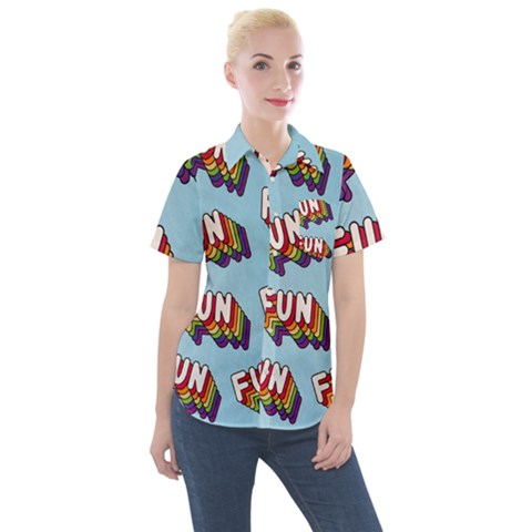 Fun Word Inscription Rainbow Pattern Women s Short Sleeve Pocket Shirt by uniart180623