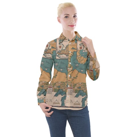 World Map Travel Pattern Architecture Women s Long Sleeve Pocket Shirt by uniart180623