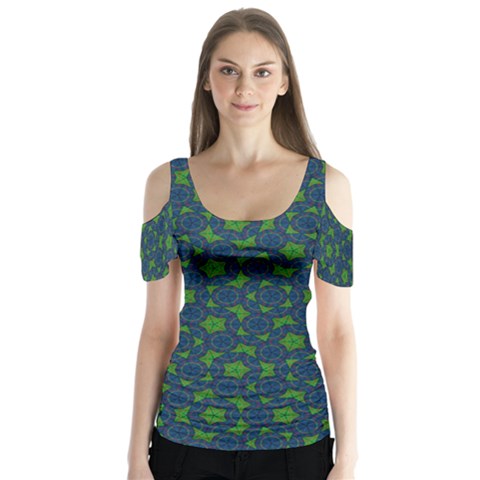 Green Patterns Lines Circles Texture Colorful Butterfly Sleeve Cutout Tee  by uniart180623