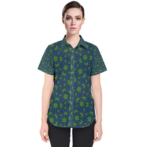 Green Patterns Lines Circles Texture Colorful Women s Short Sleeve Shirt by uniart180623