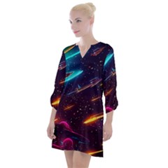 Night Sky Neon Spaceship Drawing Open Neck Shift Dress by Ravend