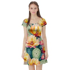 Prickly Pear Cactus Flower Plant Short Sleeve Skater Dress by Ravend