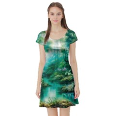 River Stream Flower Nature Short Sleeve Skater Dress by Ravend