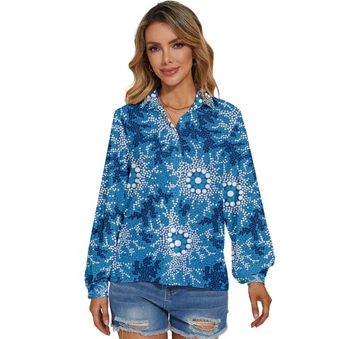 Waterhole Dreaming 90 Hogarth Arts Women s Long Sleeve Button Up Shirt by hogartharts