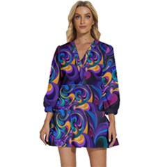 Colorful Waves Abstract Waves Curves Art Abstract Material Material Design V-neck Placket Mini Dress by uniart180623