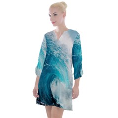 Tsunami Big Blue Wave Ocean Waves Water Open Neck Shift Dress by uniart180623