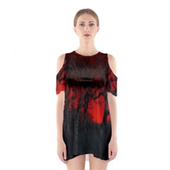 Dark Forest Jungle Plant Black Red Tree Shoulder Cutout One Piece Dress by uniart180623