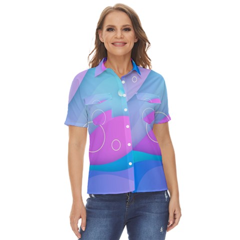 Colorful Blue Purple Wave Women s Short Sleeve Double Pocket Shirt by uniart180623