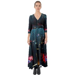 Cityscape Digital Art Button Up Boho Maxi Dress by uniart180623