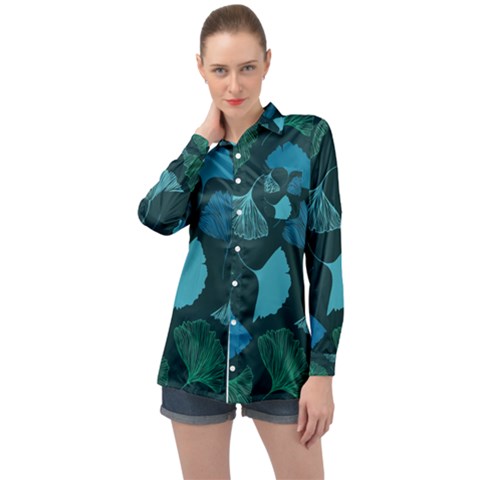 Pattern Plant Abstract Long Sleeve Satin Shirt by uniart180623