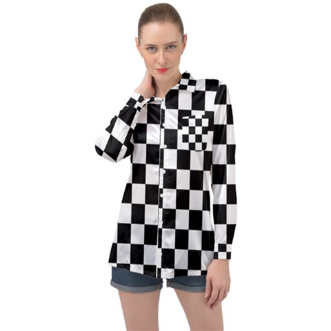 Black White Checker Pattern Checkerboard Long Sleeve Satin Shirt by uniart180623