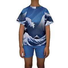 The Great Wave Off Kanagawa Kids  Short Sleeve Swimwear by Grandong