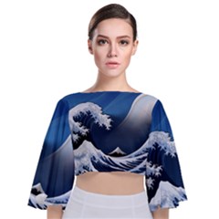 The Great Wave Off Kanagawa Tie Back Butterfly Sleeve Chiffon Top by Grandong