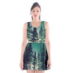 Magic Pine Forest Night Landscape Scoop Neck Skater Dress by Simbadda