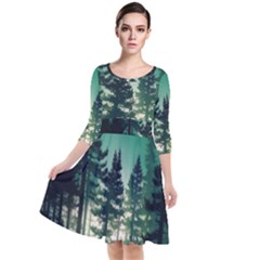 Magic Pine Forest Night Landscape Quarter Sleeve Waist Band Dress by Simbadda