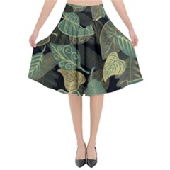 Autumn Fallen Leaves Dried Leaves Flared Midi Skirt by Simbadda