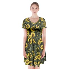 Sunflowers Yellow Flowers Flowers Digital Drawing Short Sleeve V-neck Flare Dress by Simbadda