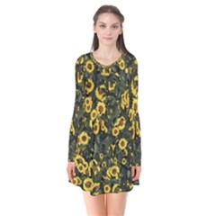 Sunflowers Yellow Flowers Flowers Digital Drawing Long Sleeve V-neck Flare Dress by Simbadda