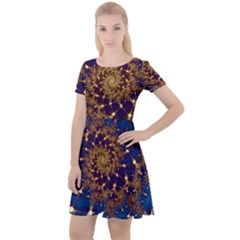 Fractal Spiral Art Pattern Blue Design Cap Sleeve Velour Dress  by Simbadda