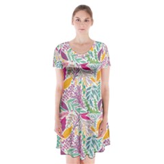 Leaves Colorful Leaves Seamless Design Leaf Short Sleeve V-neck Flare Dress by Simbadda