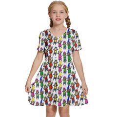 Stickman Kids Doodle Paper Children Group Kids  Short Sleeve Tiered Mini Dress by Simbadda