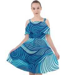 Ocean Waves Sea Abstract Pattern Water Blue Cut Out Shoulders Chiffon Dress by Simbadda