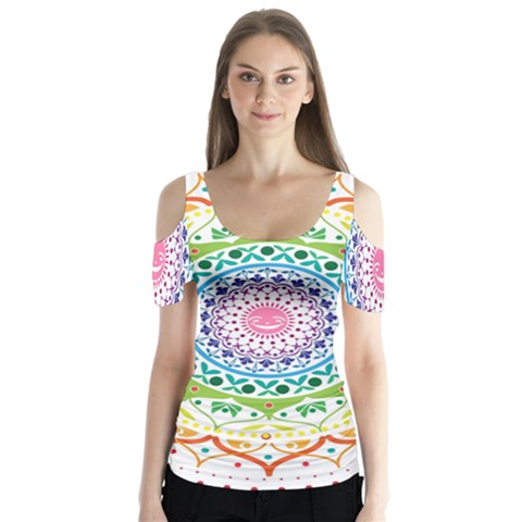 Mandala Pattern Rainbow Pride Butterfly Sleeve Cutout Tee  by Simbadda