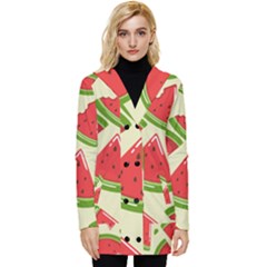 Cute Watermelon Seamless Pattern Button Up Hooded Coat  by Simbadda