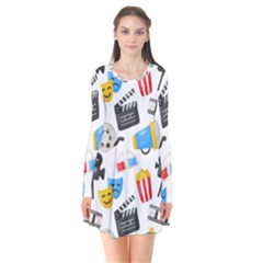 Cinema Icons Pattern Seamless Signs Symbols Collection Icon Long Sleeve V-neck Flare Dress by Simbadda