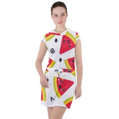 Cute Smiling Watermelon Seamless Pattern White Background Drawstring Hooded Dress by Simbadda