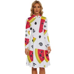 Cute Smiling Watermelon Seamless Pattern White Background Long Sleeve Shirt Collar A-line Dress by Simbadda