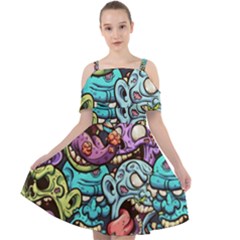 Zombie Heads Pattern Cut Out Shoulders Chiffon Dress by Simbadda