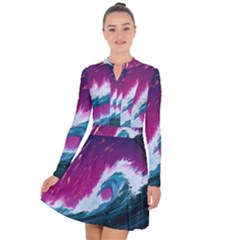 Tsunami Waves Ocean Sea Nautical Nature Water Unique Long Sleeve Panel Dress by Simbadda