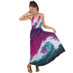 Tsunami Waves Ocean Sea Nautical Nature Water Unique Backless Maxi Beach Dress by Simbadda