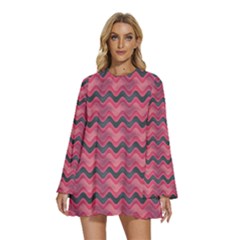 Background Pattern Structure Round Neck Long Sleeve Bohemian Style Chiffon Mini Dress by Simbadda