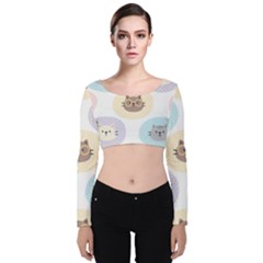 Cute Cat Seamless Pattern Background Velvet Long Sleeve Crop Top by Simbadda