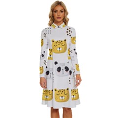 Seamless Pattern Cute Animals Long Sleeve Shirt Collar A-line Dress by Simbadda