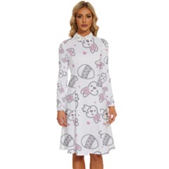 Cute Pattern With Easter Bunny Egg Long Sleeve Shirt Collar A-line Dress by Simbadda