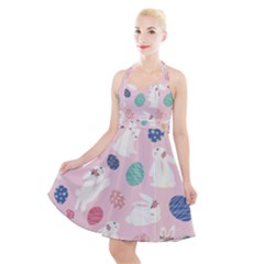 Cute Bunnies Easter Eggs Seamless Pattern Halter Party Swing Dress  by Simbadda