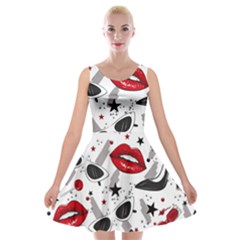 Red Lips Black Heels Pattern Velvet Skater Dress by Simbadda