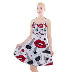 Red Lips Black Heels Pattern Halter Party Swing Dress  by Simbadda