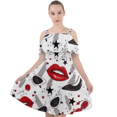 Red Lips Black Heels Pattern Cut Out Shoulders Chiffon Dress by Simbadda