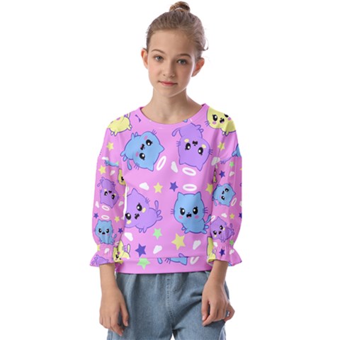 Seamless Pattern With Cute Kawaii Kittens Kids  Cuff Sleeve Top by Simbadda