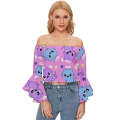 Seamless Pattern With Cute Kawaii Kittens Off Shoulder Flutter Bell Sleeve Top by Simbadda