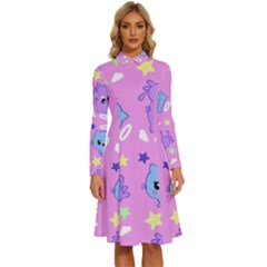 Seamless Pattern With Cute Kawaii Kittens Long Sleeve Shirt Collar A-line Dress by Simbadda