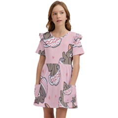 Seamless Pattern Adorable Cat Inside Cup Kids  Frilly Sleeves Pocket Dress by Simbadda