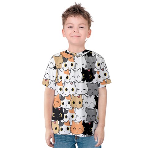 Cute Cat Kitten Cartoon Doodle Seamless Pattern Kids  Cotton Tee by Simbadda