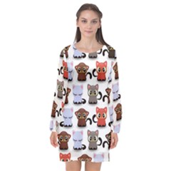 Seamless Pattern With Cute Little Kittens Various Color Long Sleeve Chiffon Shift Dress  by Simbadda