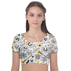 Funny Hand Drawn Halloween Pattern Velvet Short Sleeve Crop Top  by Simbadda